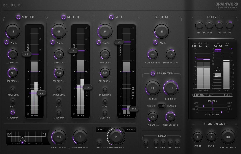 Dual-band mid/side limiter with true-peak limiting, XL saturation, and comprehensive loudness metering for mastering.