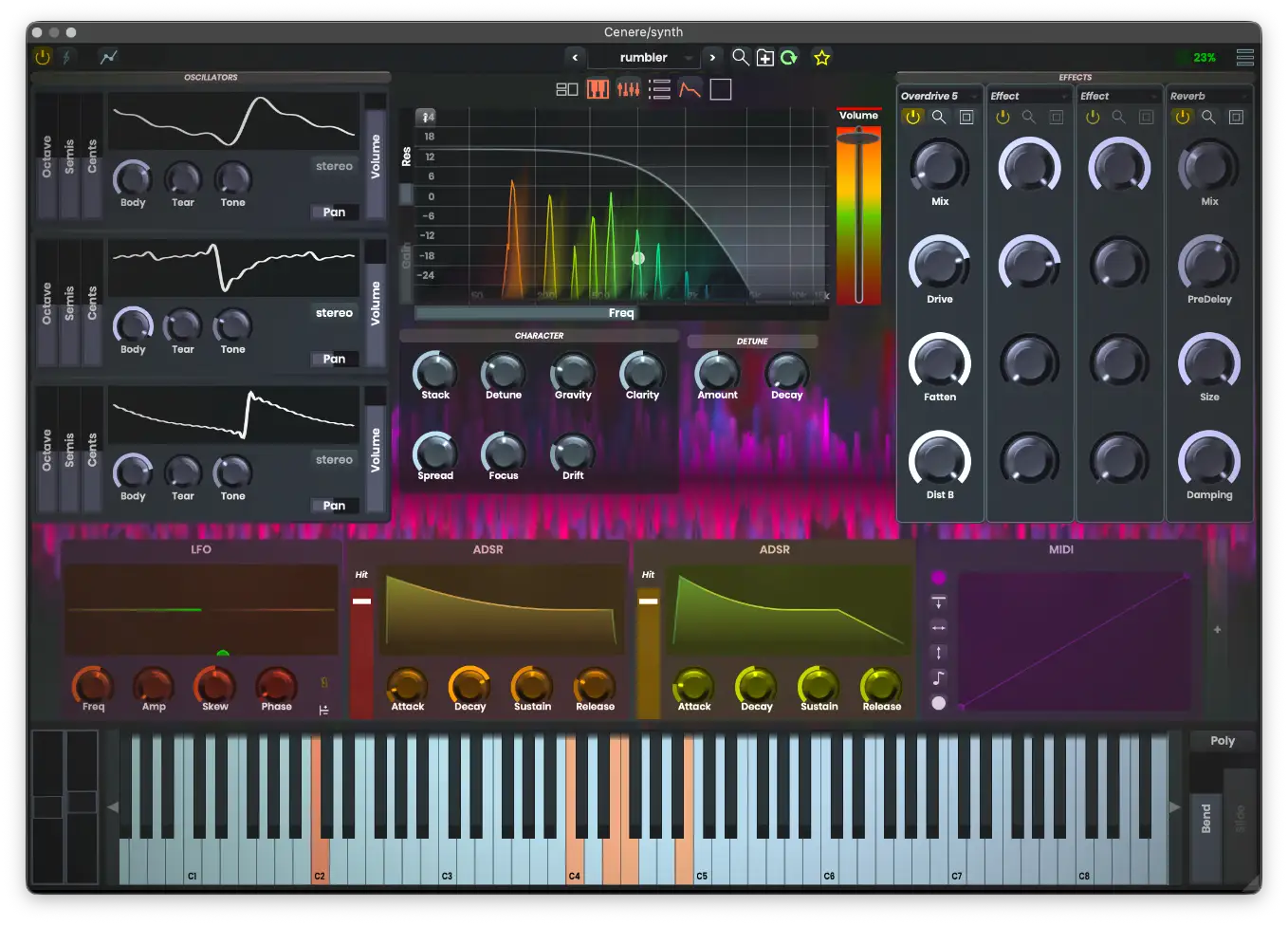 A subtractive synth emphasizing spectral filtering, modulation and clear visual feedback.
