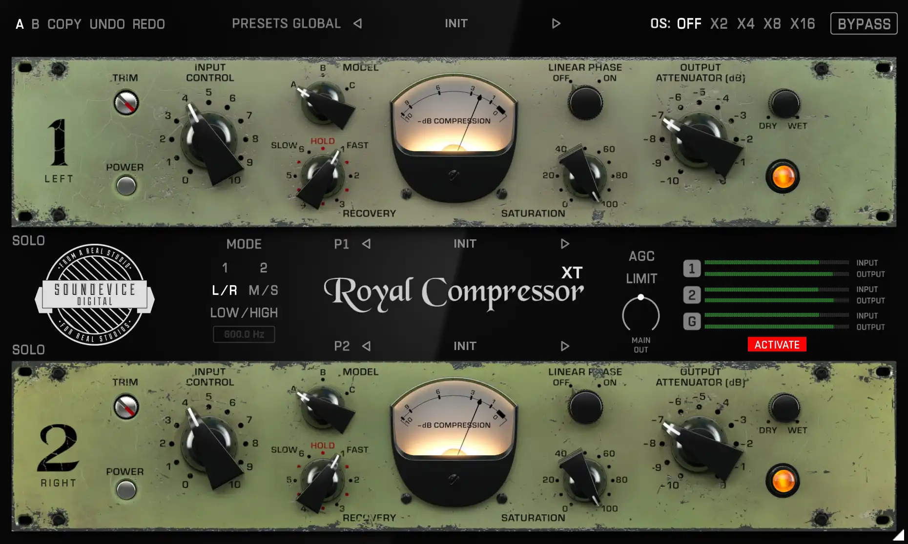 Dual vari‑mu compressor emulating vintage British circuitry with split routing and adjustable valve saturation.