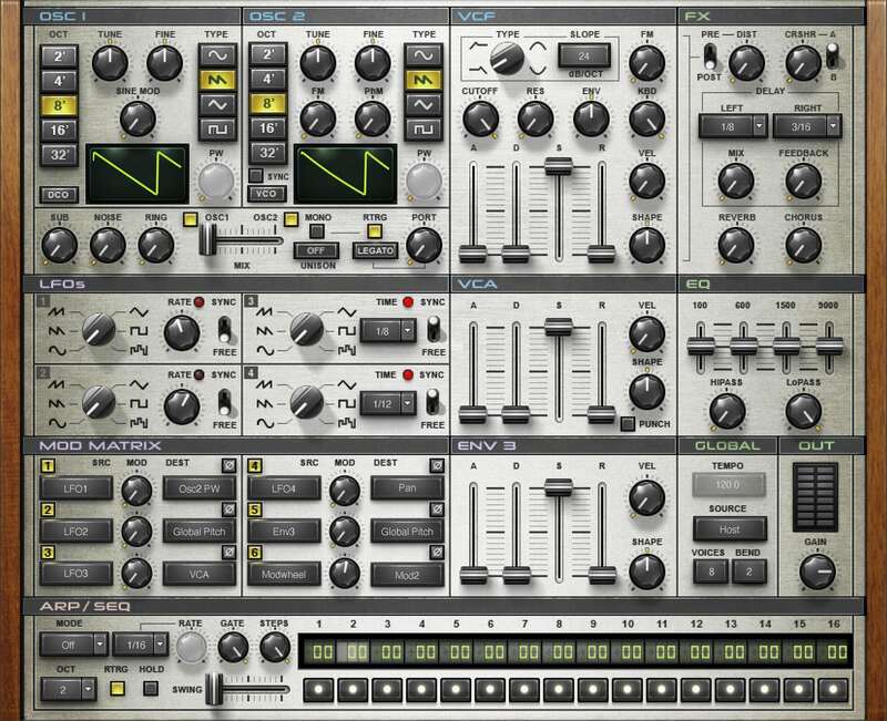 Virtual analog synth with classic warm tones, hands-on controls, integrated effects and a 16-step sequencer.