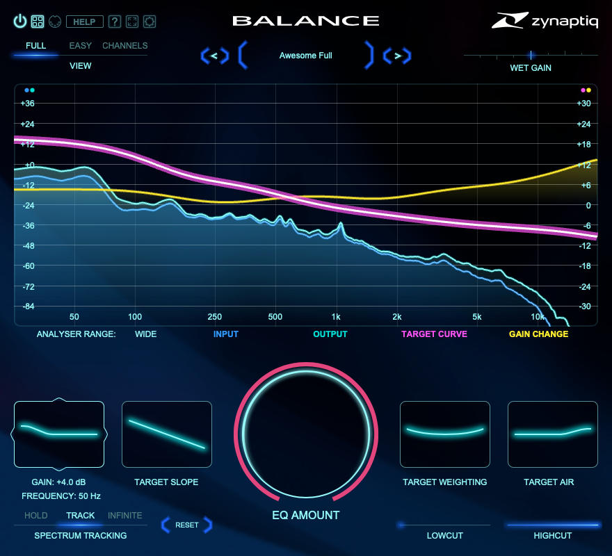 Adaptive 16-channel equalizer for fast global tone shaping with low CPU and 3 samples of latency.