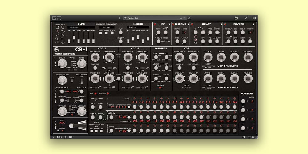 Authentic OB-1 emulation extended with modern modulation, polyphony, effects, sequencer and 300+ presets.