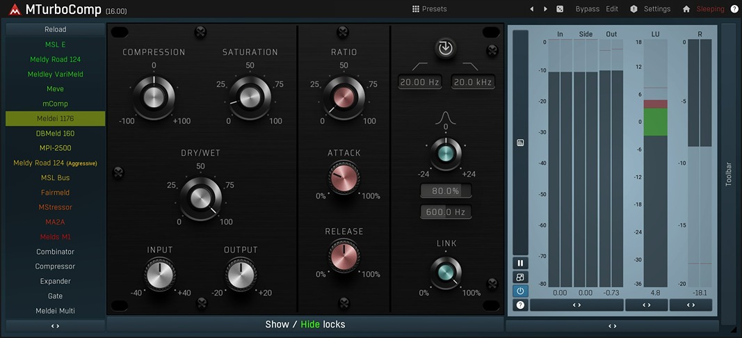 Multiple vintage-style compressor emulations with simple controls for compression amount, saturation and parallel blending.
