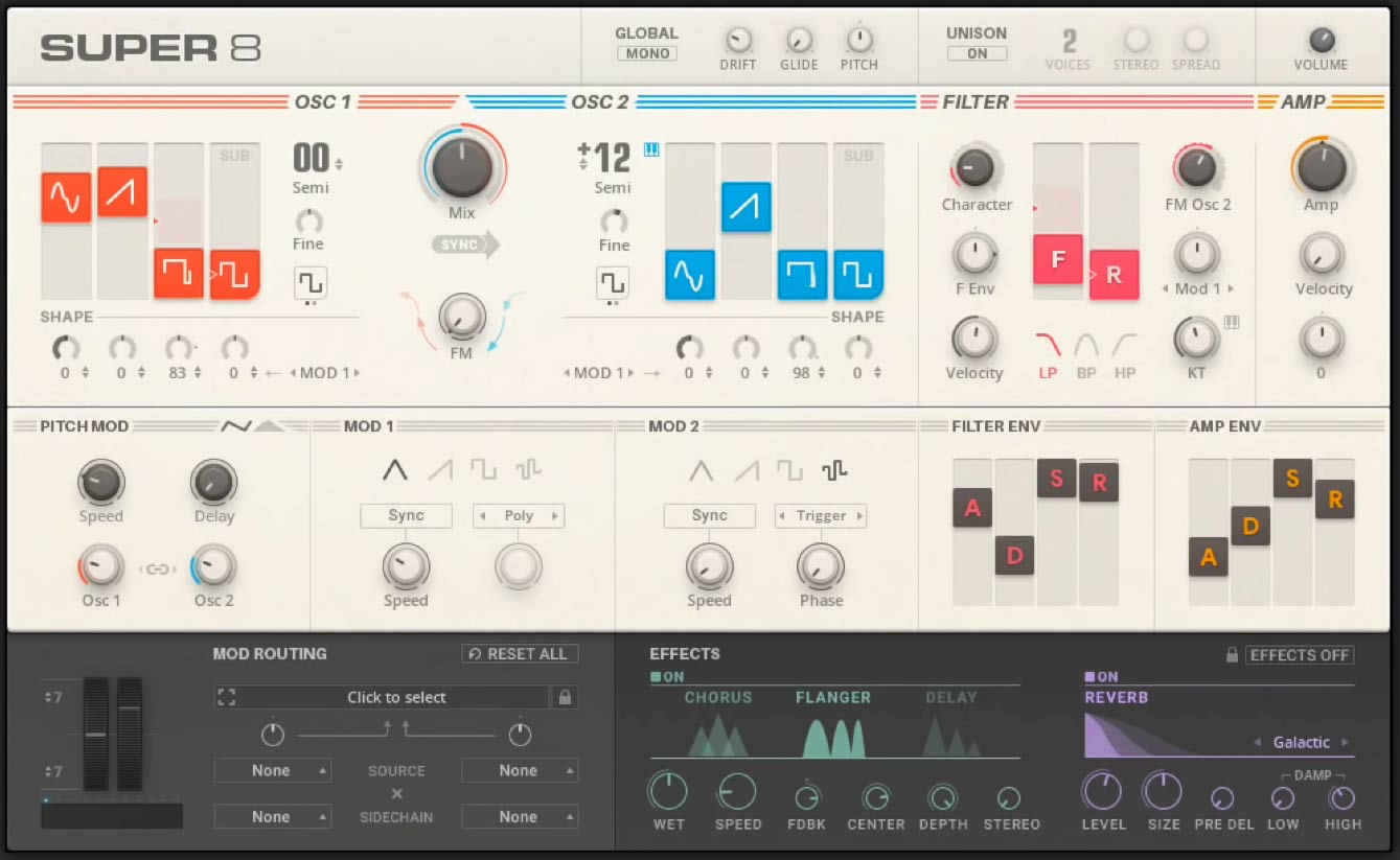 Vintage-inspired polysynth with dual blendable oscillators, flexible modulation, classic effects, and over 550 ready-to-play presets.