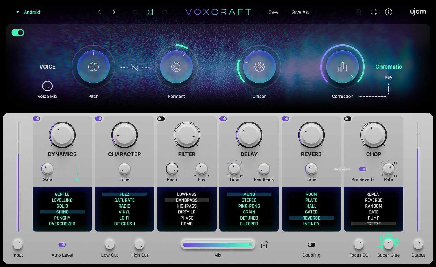 Fast vocal shaping, pitch/formant control, multi-effects and a chopper for polished or experimental vocal results.