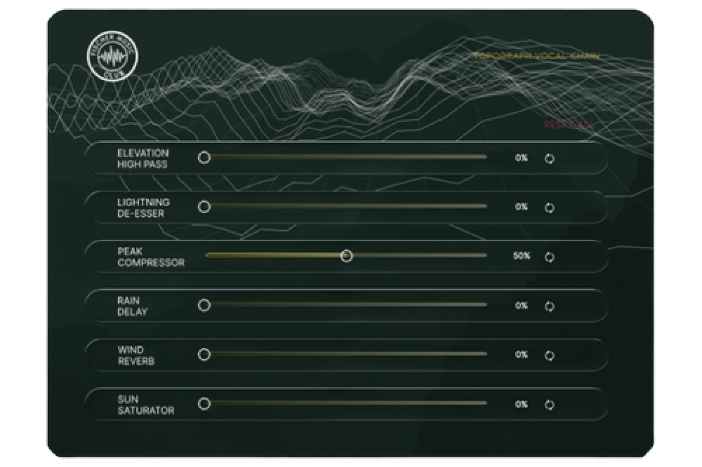 All-in-one vocal chain with six sliders for HPF, de-esser, compressor, delay, reverb and saturation, shown as a moving landscape.
