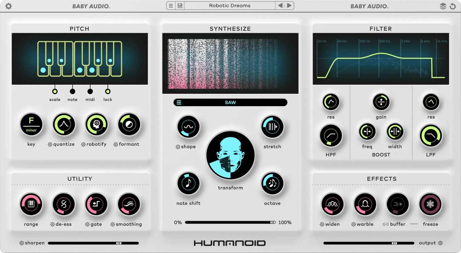 Hard-tune, resynthesize and morph vocals into robotic, synth-like timbres with MIDI and automation control.