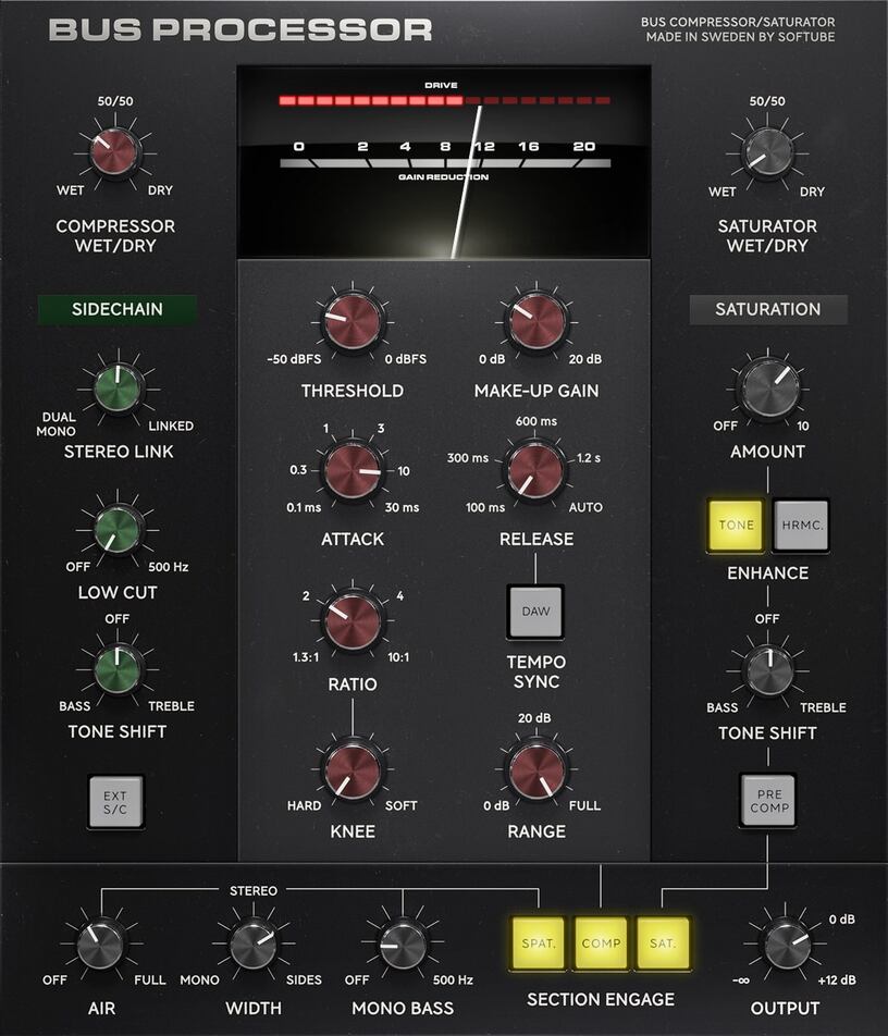 Classic-style bus compression with configurable saturation, sidechain, and stereo/spatial processing for stems and mix buses.
