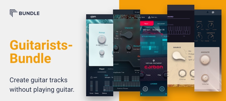 Multiple Virtual Guitarist instruments providing ready-to-use electric, acoustic, nylon and cinematic guitar parts and textures.