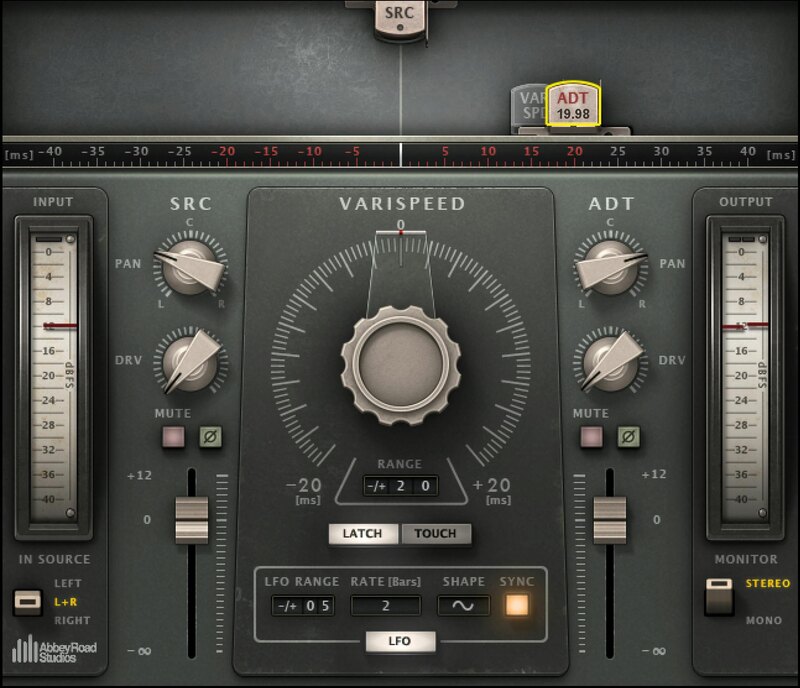 Authentic tape‑based ADT with two modeled tape machines, varispeed control and low‑latency delay mode.