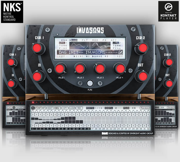 Analogue-inspired Kontakt synth with 128-wave oscillators, a dynamic sequencer, MIDI export and NKS/hardware control.