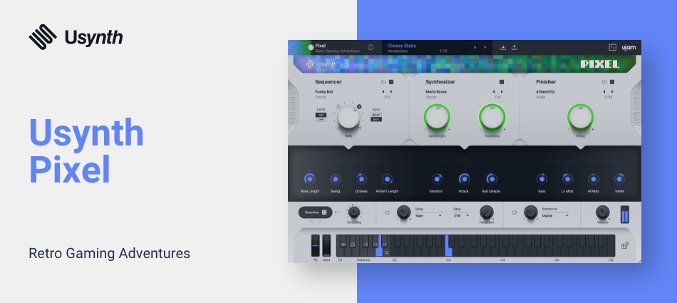 Retro console synth collection with chiptune tones, sequencer phrases, and performance Finishers.