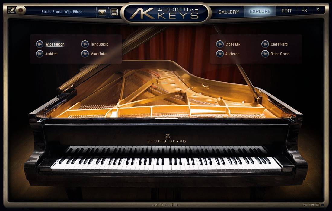 Detailed Steinway Model D samples with selectable mic perspectives and preset ExploreMaps for production and live use.