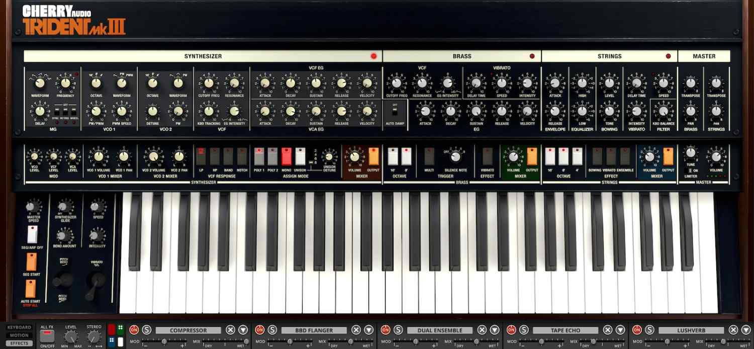 Faithful Trident recreation with expanded polyphony, sequencing, and four flexible effects chains.