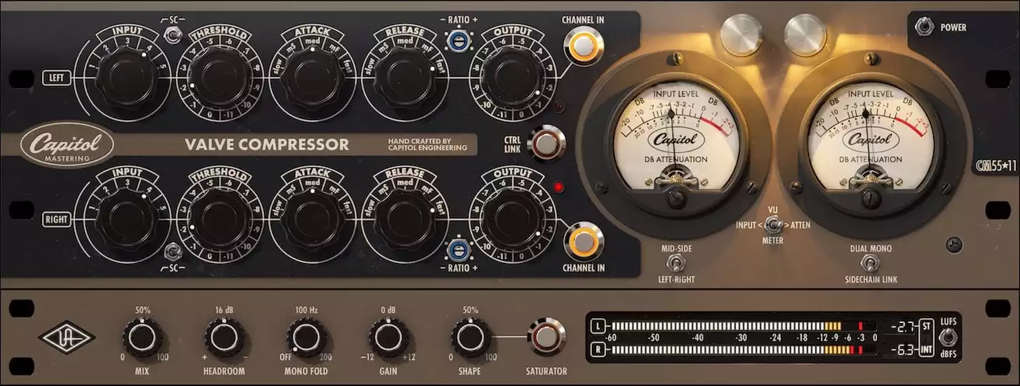 Stereo-bus tube mastering compressor emulation of Capitol's CM5511 with added saturation, M/S and metering for modern in‑the‑box mastering.