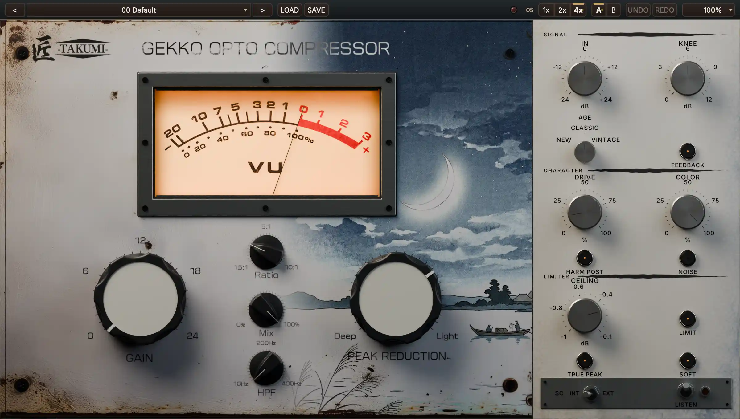 Optical-response compressor with basic controls and a PRO panel for detailed cell and peak shaping.