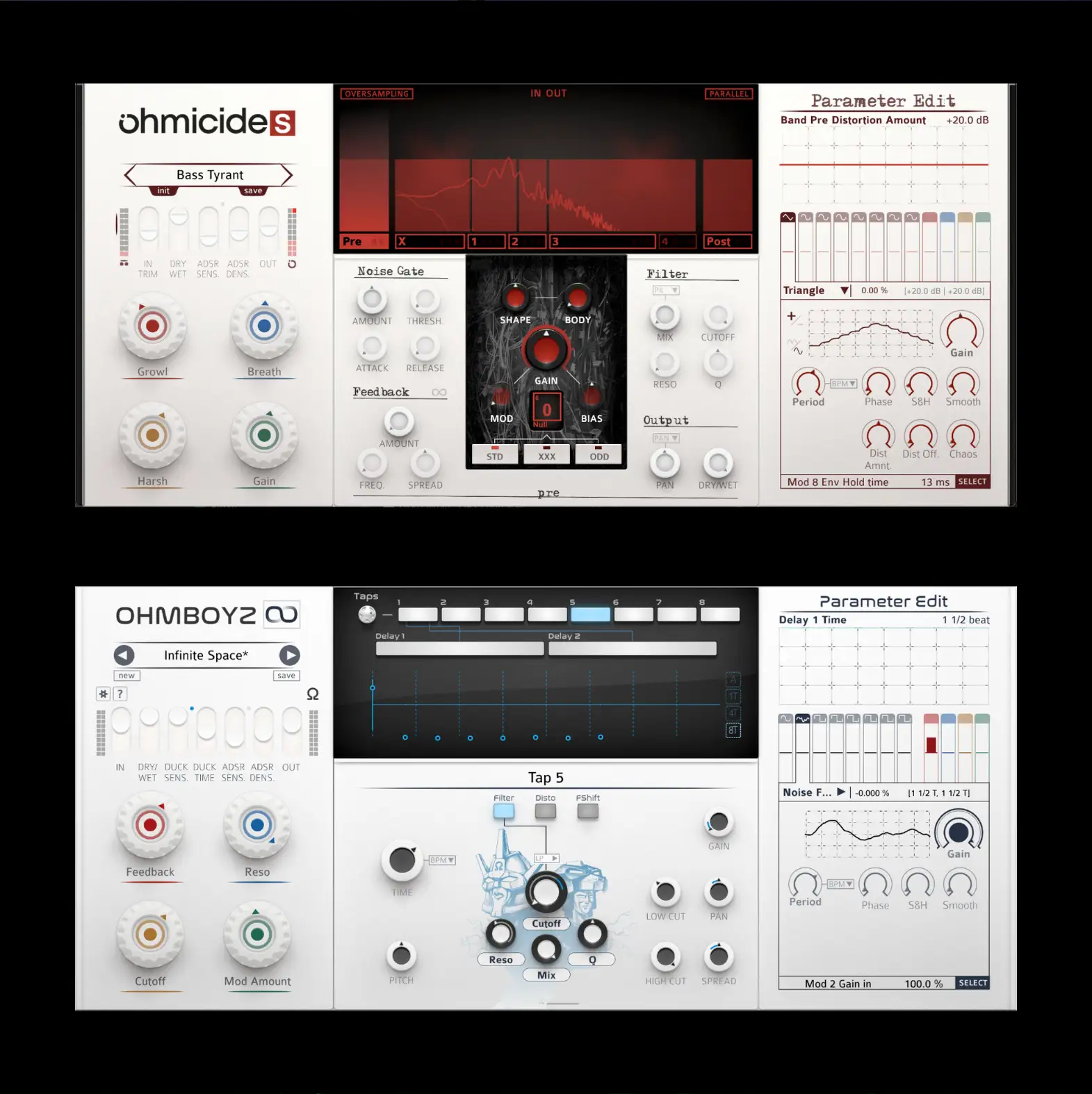 Multiband distortion plus multi-tap, modulated delay for creative tones and FX.