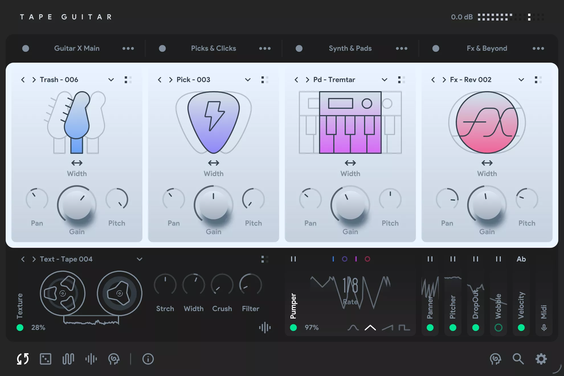 Soulful lo‑fi sampled guitar instrument with built‑in textures, modulation and studio effects for warm, dusty guitar parts.