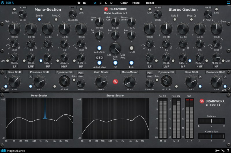 Transparent M/S-capable parametric EQ with Dynamic EQ, Bass/Presence Shifters and Mono Maker.