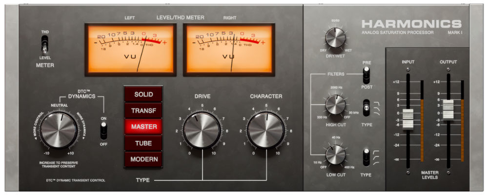 Analog-style saturation with five distortion models and Dynamic Transient Control to preserve dynamics during heavy distortion.