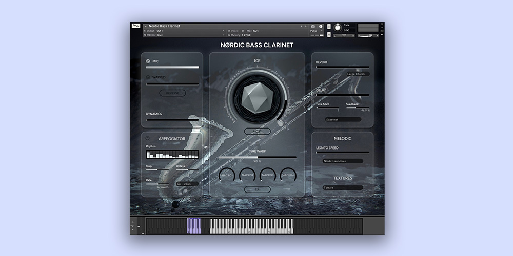Deep-sampled bass clarinet with layered acoustic/warped sources, time-warp, arpeggiator and importable loops.