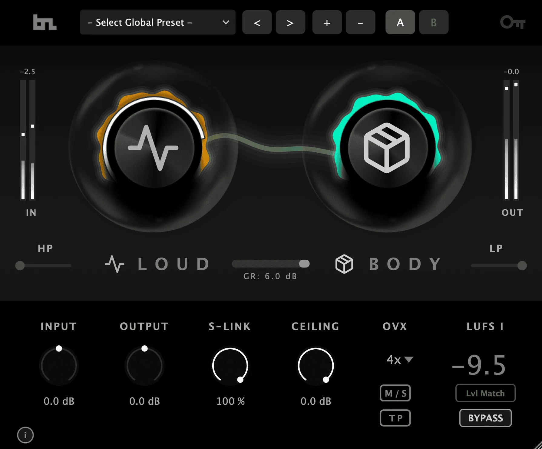 Mastering limiter with adaptive limiting, LUFS metering, True Peak control, and simple LOUD/BODY tonal shaping.