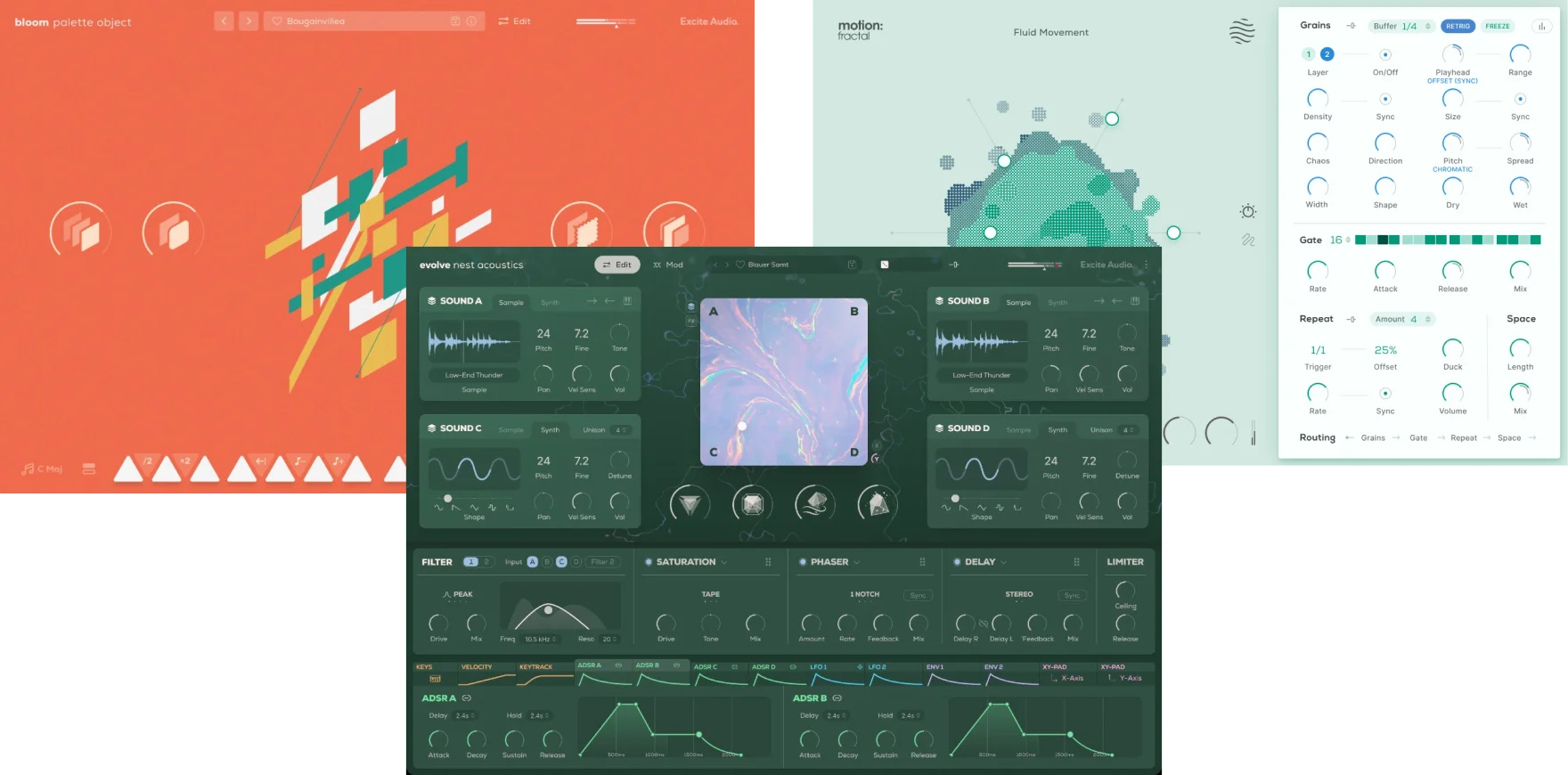 Three instruments for organic textures, foley-driven sequences, and granular rhythmic manipulation.