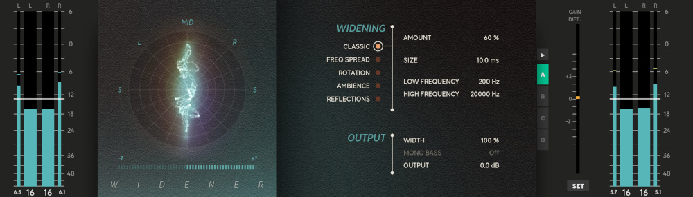 Five widening algorithms with visual meters for controlled stereo expansion or narrowing.