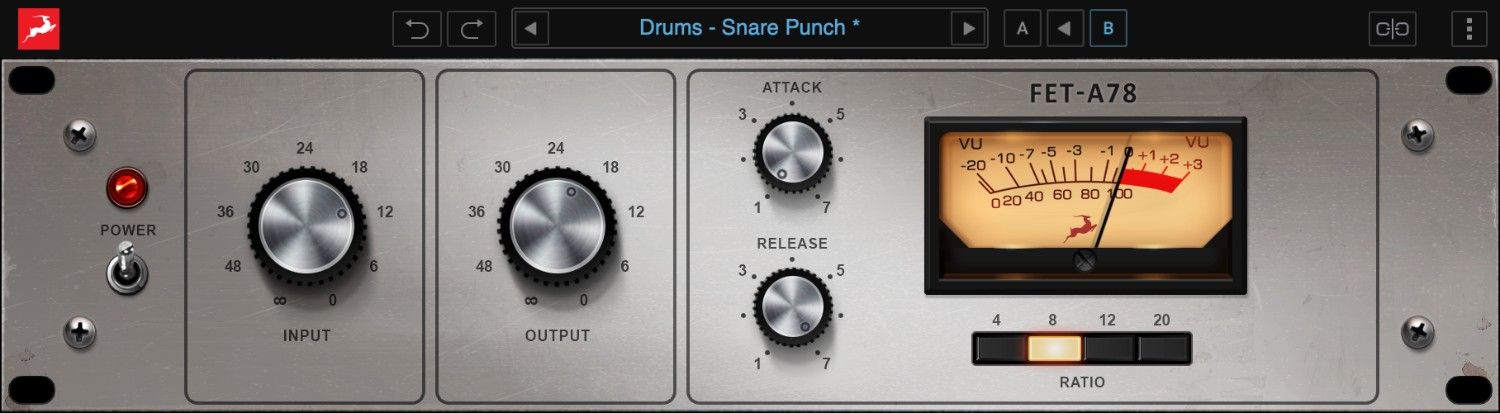 Stereo FET compressor and peak limiter modeled on a classic 1980s unit for punchy, analog-flavored compression.