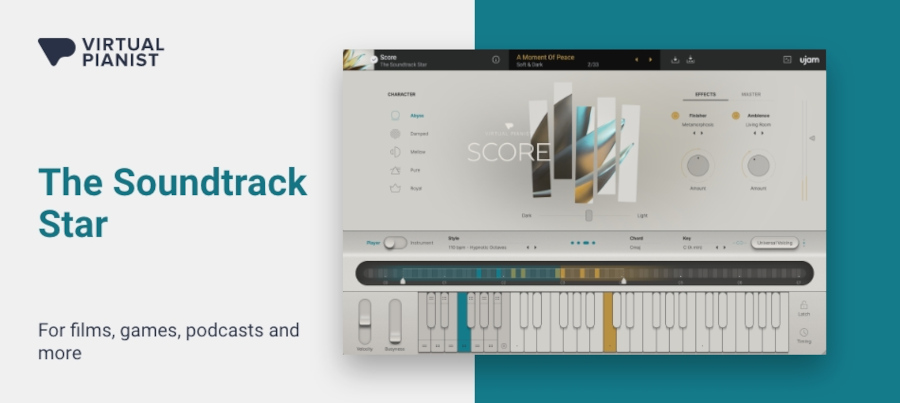 Steinway-sampled piano with playable and phrase-based modes, presets, finishers and ambience for soundtrack work.