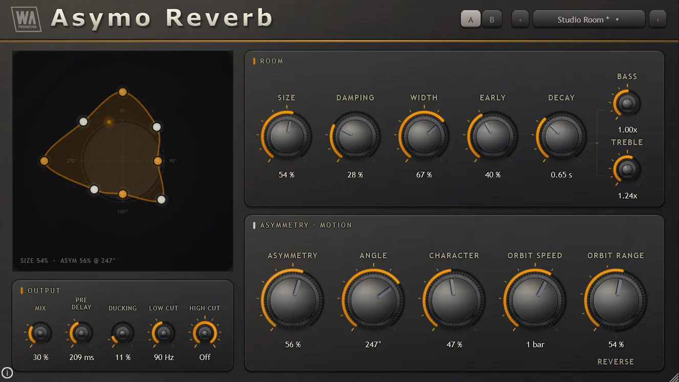 Interactive, motion-driven reverb that morphs room geometry while retaining stable pitch and phase.