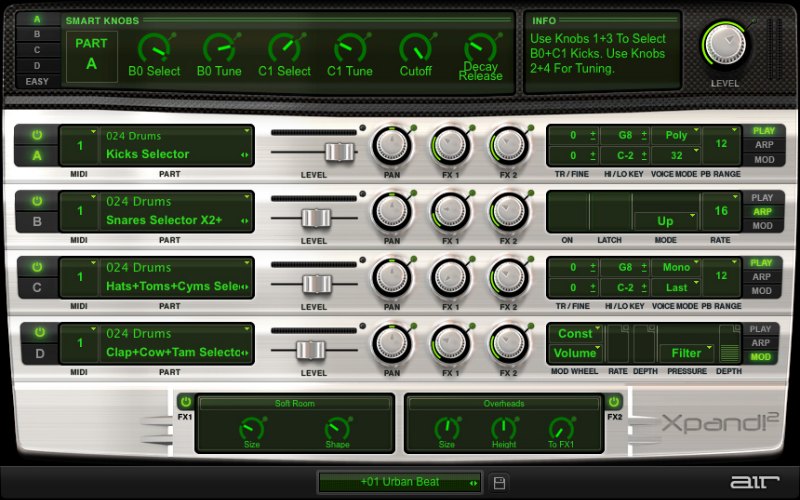 Four-part multitimbral workstation with extensive presets, smart macro controls, per-part arpeggiators and dual effects.