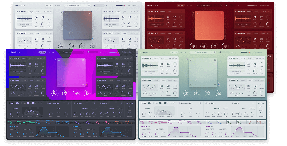 Four material-themed sample synths with quad-layer engines, XY morphing, deep modulation and 250 curated sounds each.