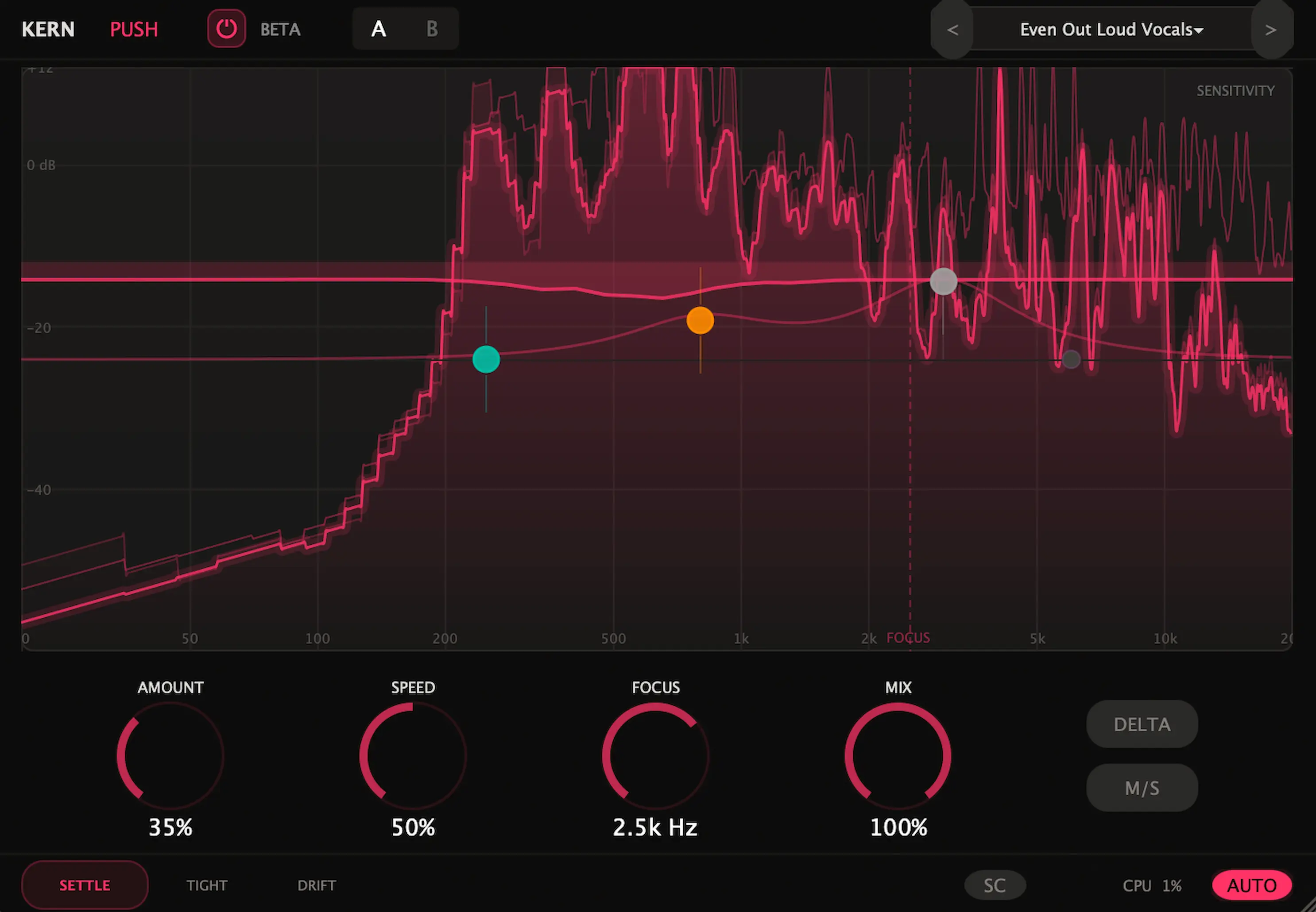 Per-band magnitude-only dynamics with 40 ERB bands for cohesion, transient control, and upward detail recovery.