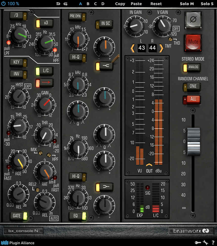 Accurate 72-channel Neve VXS console model with per-channel analog variance and full channel-strip tools.