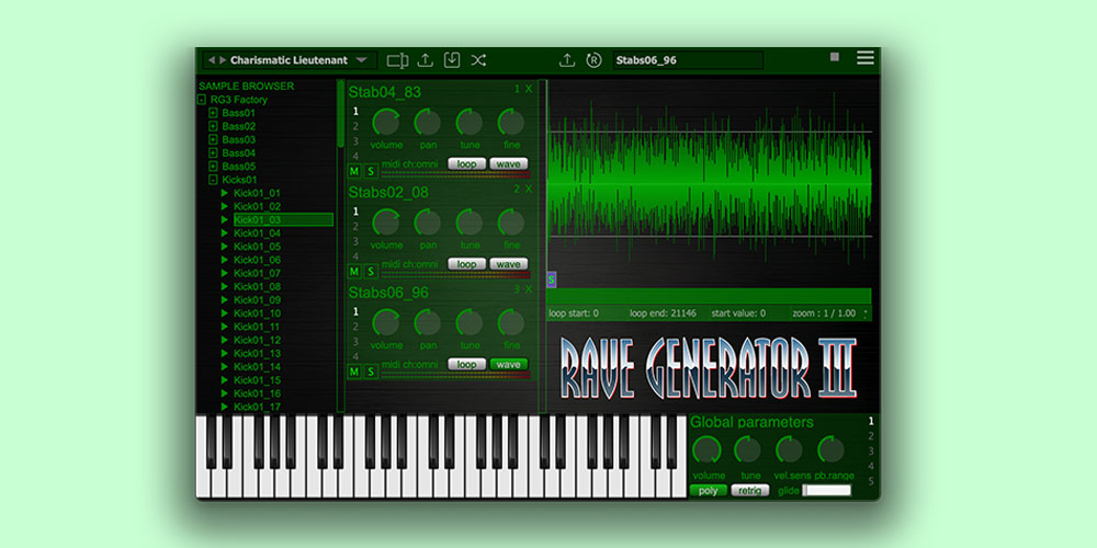 A rompler/sampler focused on classic rave stabs, basses, kicks and layered multi-timbral patches.
