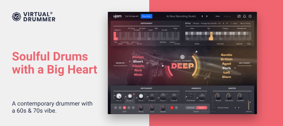 Soul- and funk-flavored virtual drummer with editable kits, vintage-to-modern tones, and phrase drag-and-drop for DAW editing.