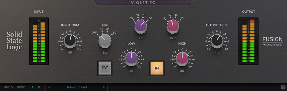 Two-band shelving EQ modeled from SSL Fusion hardware, with HPF, FAT low-end, ECO mode and on-GUI help.