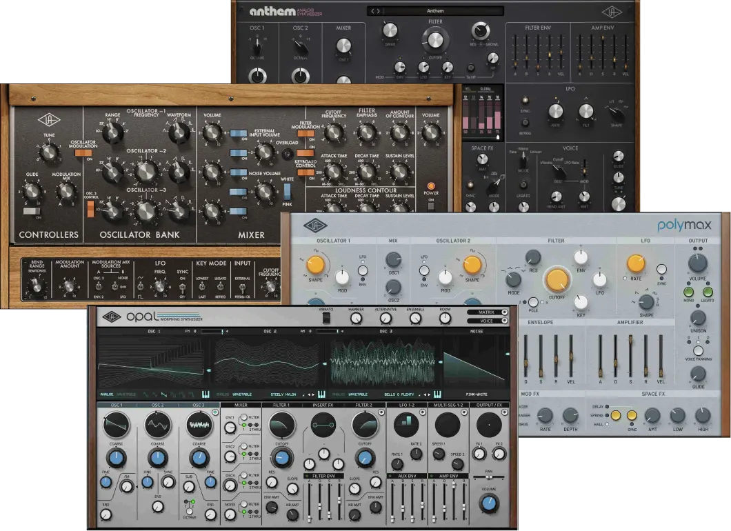 Four complementary synths for analogue, wavetable, vintage poly, and classic Minimoog sounds.