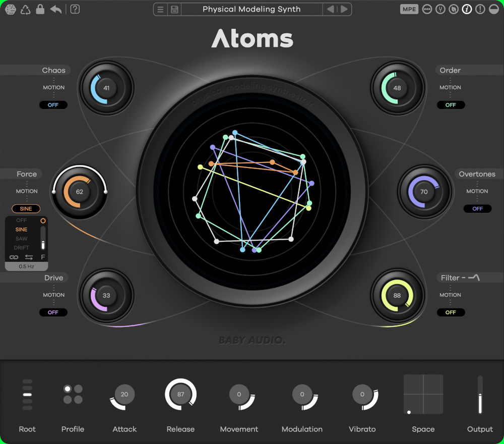 Physical-modeling synth using mass-spring simulations and a virtual bow to create evolving organic and otherworldly textures.