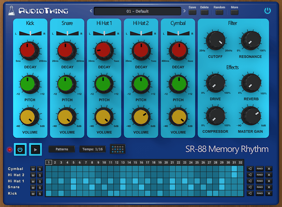 Sample-based emulation of a rare 1980s analog drum machine with tone shaping and a drag-to-DAW sequencer.