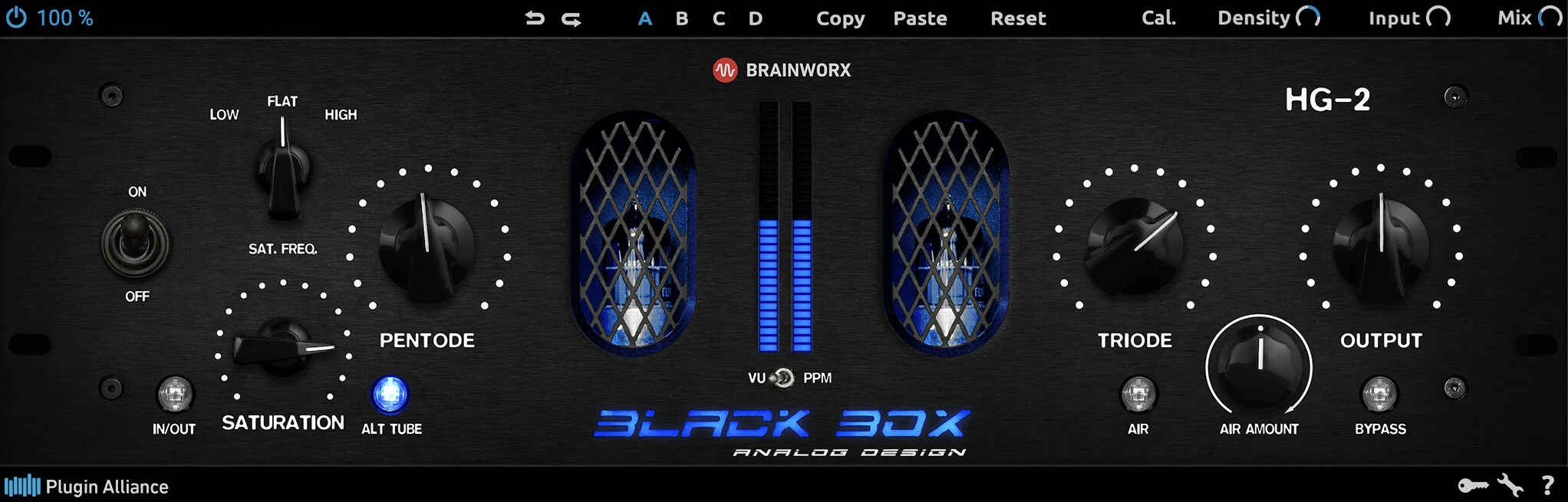 Tube-saturation processor emulating pentode/triode stages and transformers for harmonic coloration, density and air controls.