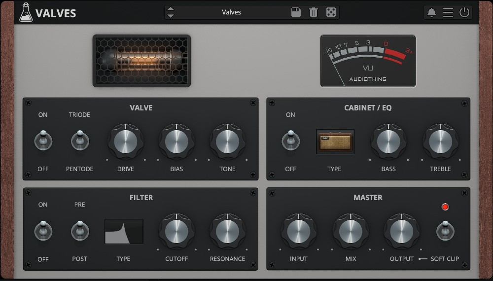 Modeled tube overdrive with multimode resonant filter and cabinet/EQ for vintage warmth and grit.