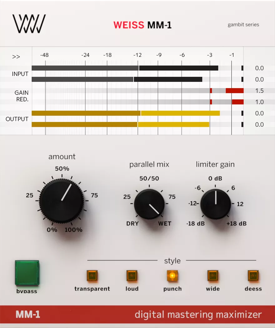 Hardware-accurate mastering maximizer with five limiter flavours and mix control for controlled loudness.