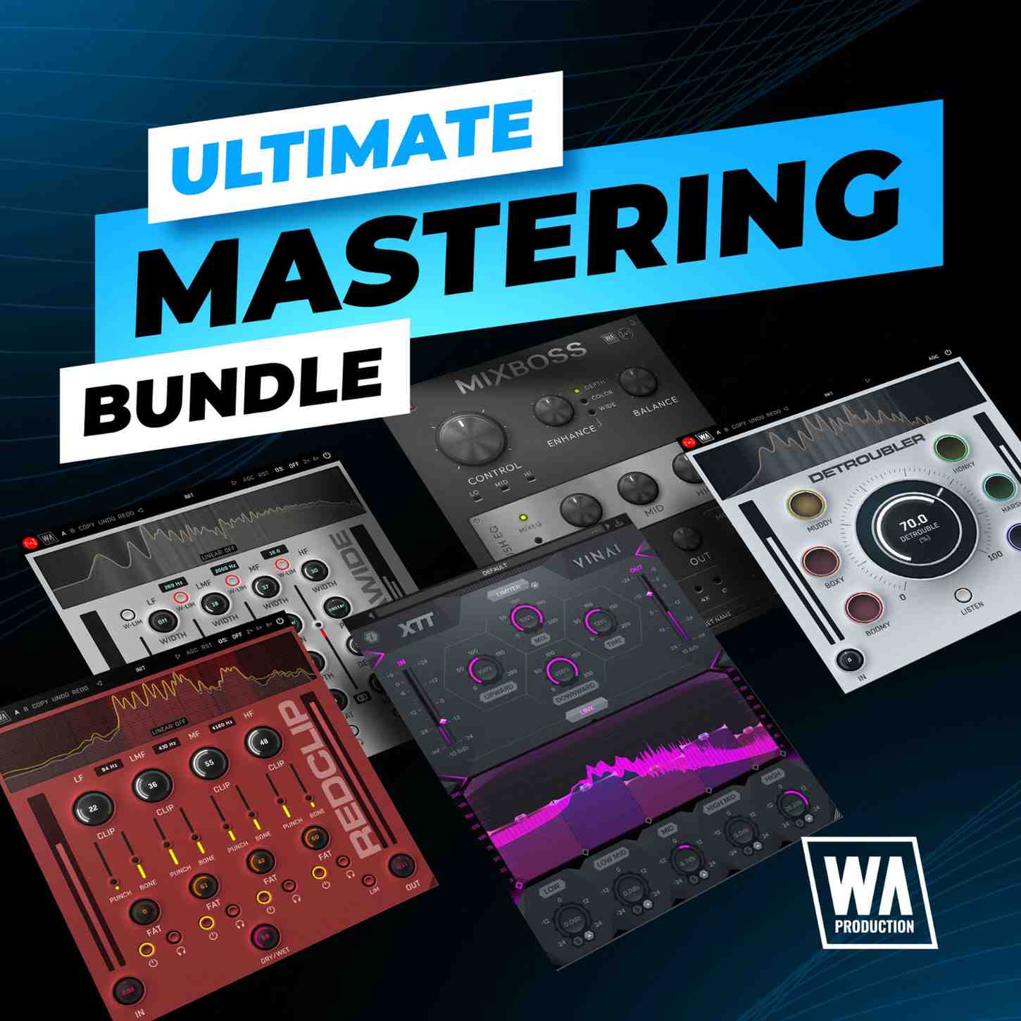 Five processors for tonal shaping, multiband dynamics, problem‑frequency correction, stereo enhancement, and clipping-based loudness.