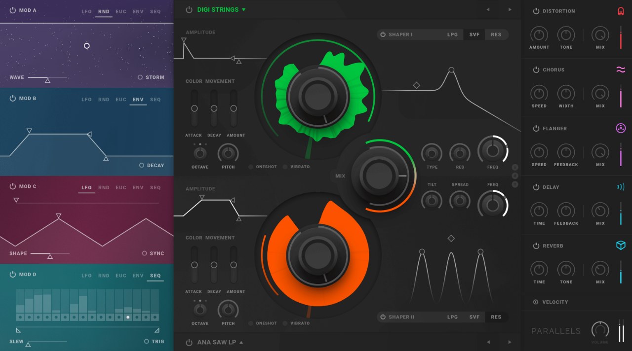 A dual wavescanning synth with layered sources, flexible modulation, and five onboard effects.