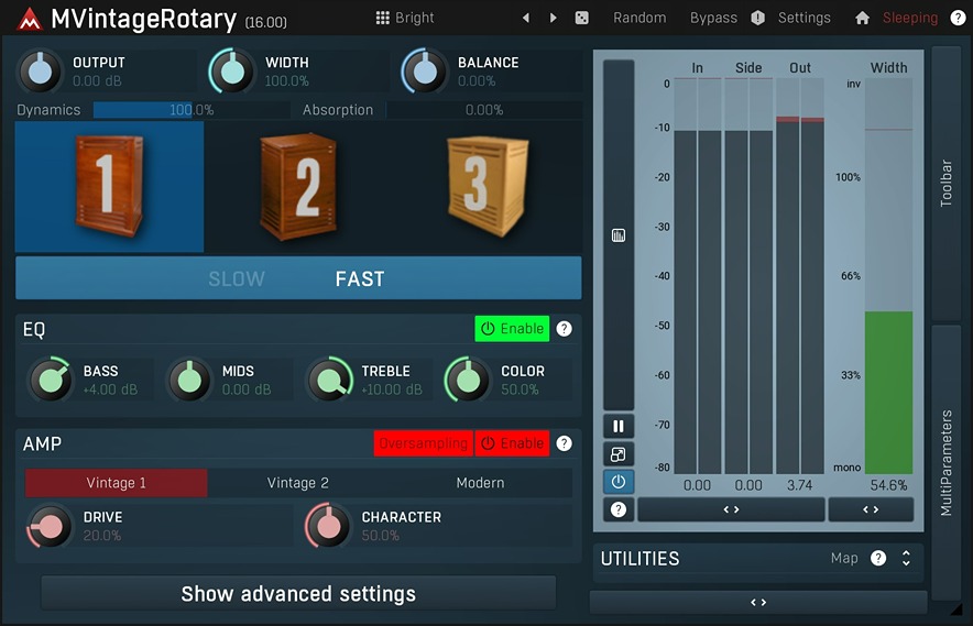 Rotary speaker emulator with adjustable dynamics, amp distortion and tempo-syncable rotors for organs, guitars and keys.