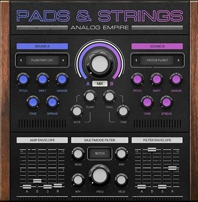 Multi-sampled analogue-style pads and strings with layered blending, MPE support, and a full effects/mastering section.