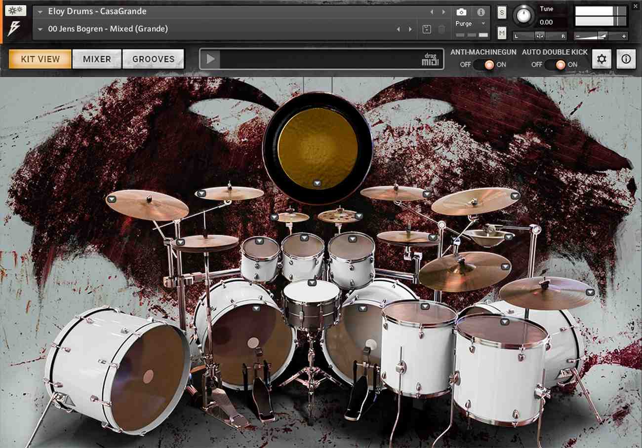 Two deeply sampled kits by Eloy Casagrande with studio room, MIDI grooves, and tools for natural metal drumming performances.