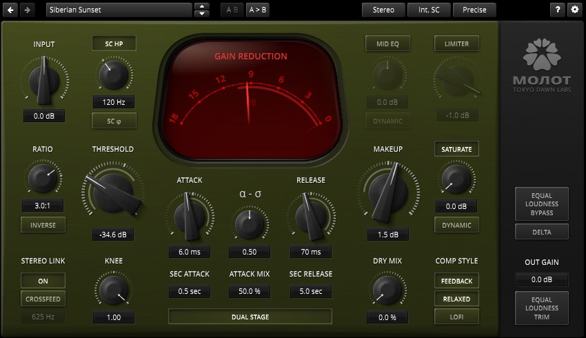 Characterful dynamic compressor with saturation, tone controls and a built-in limiter for drums, vocals, guitar and bass.